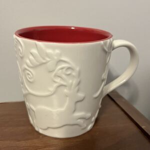 Starbucks 2009 Reindeer Embossed Bone China Mug White & White Coffee Cup